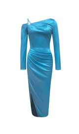SATIN HIGH SPLIT HALTER NECK STRAPLESS DRESS IN MARINE BLUE