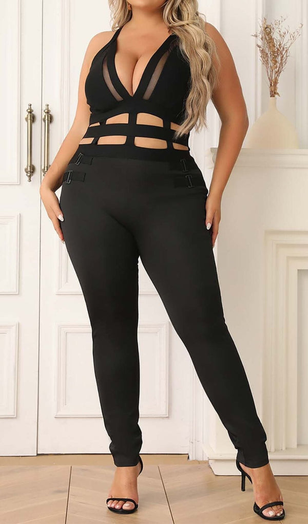 CUT OUT DETAILED ZIPPER BACK JUMPSUIT IN BLACK DRESS STYLE OF CB 