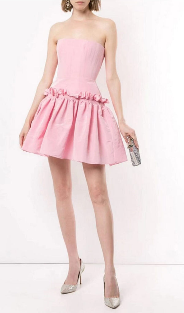 STRAPLESS RUFFLES SLEEVES MINI DRESS IN SOFT PINK